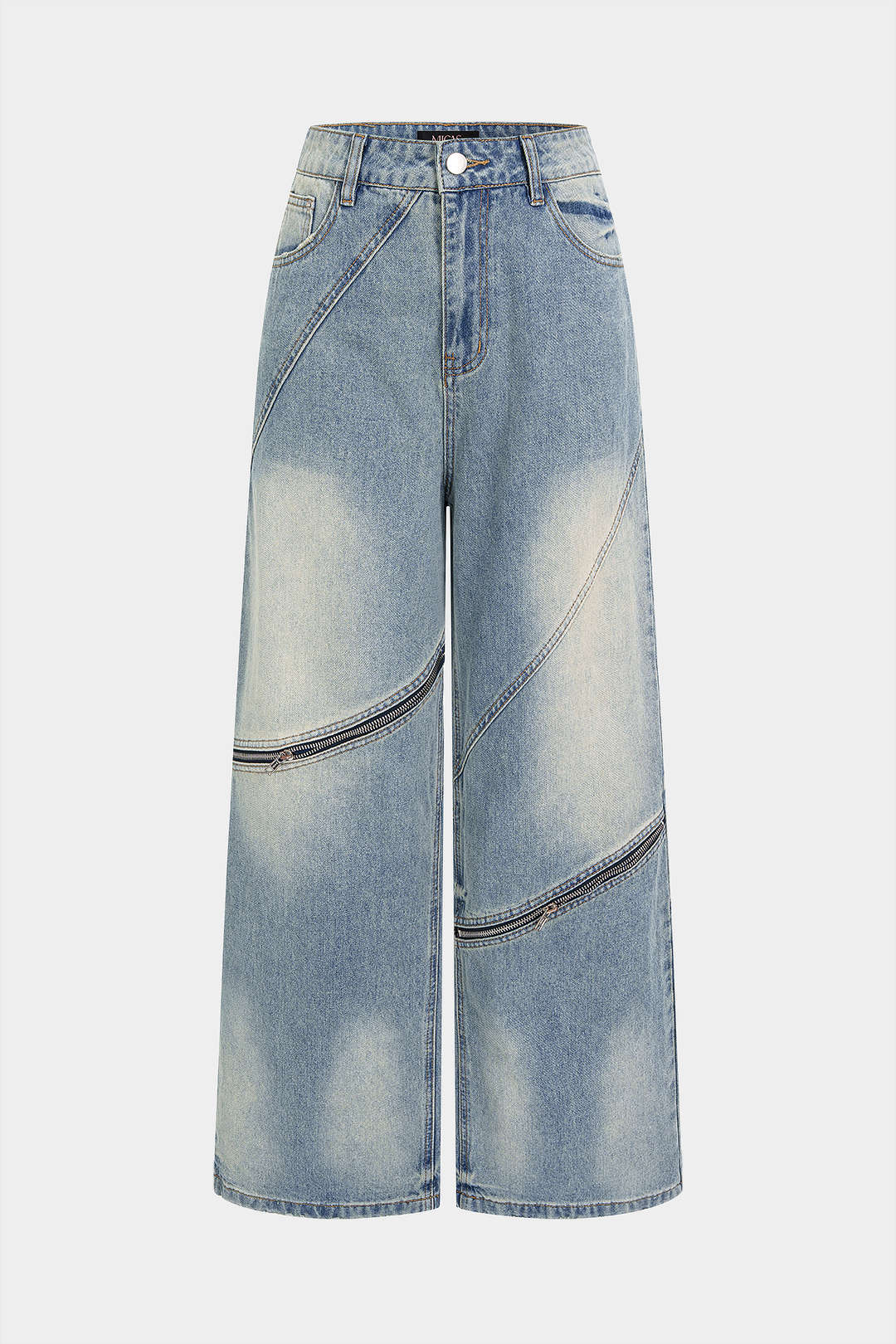 "Denim Asymmetrical Zipper Pocket Straight Leg Jeans"