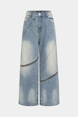 "Denim Asymmetrical Zipper Pocket Straight Leg Jeans"