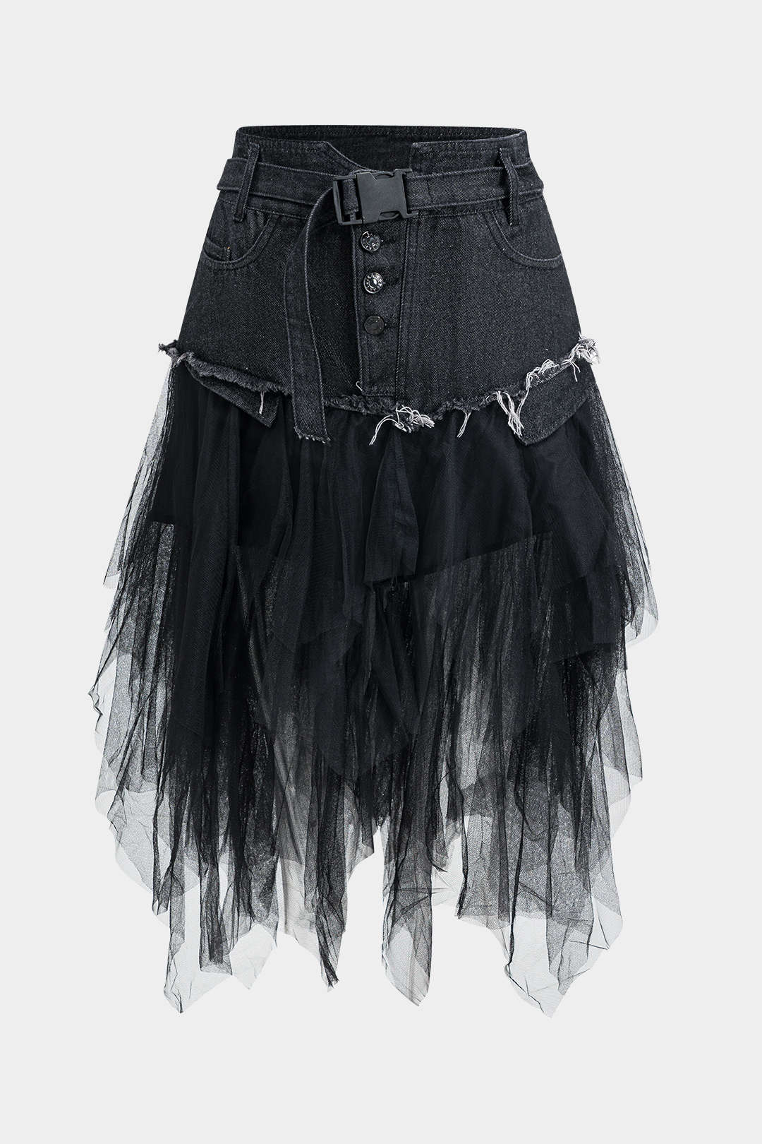 "Denim Mesh Patchwork Belted Button Pocket Skirt"