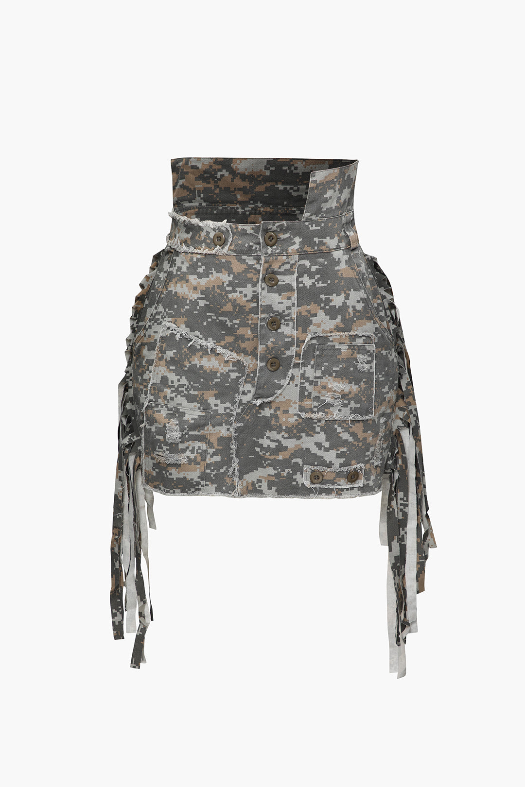 "Camo Frayed Patchwork Fringe Mini Skirt"