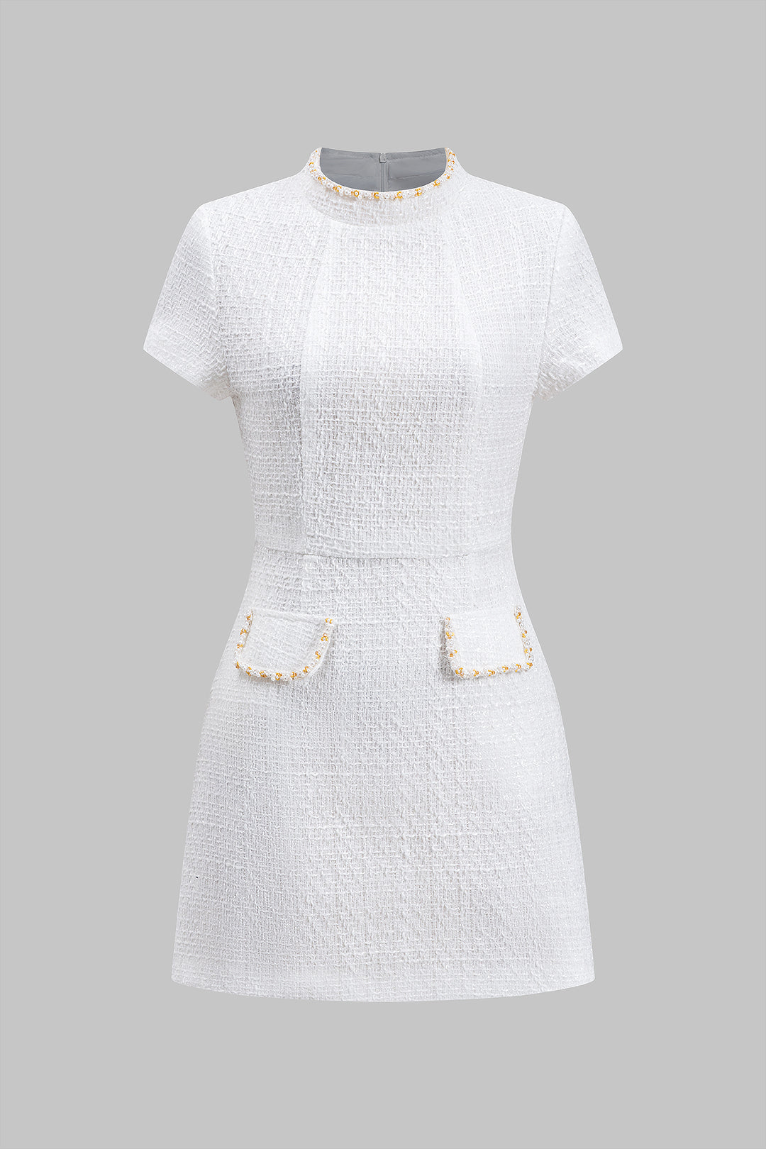 "Bead Fake Pocket Zippper Short Sleeve Mini Dress"