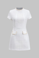 "Bead Fake Pocket Zippper Short Sleeve Mini Dress"