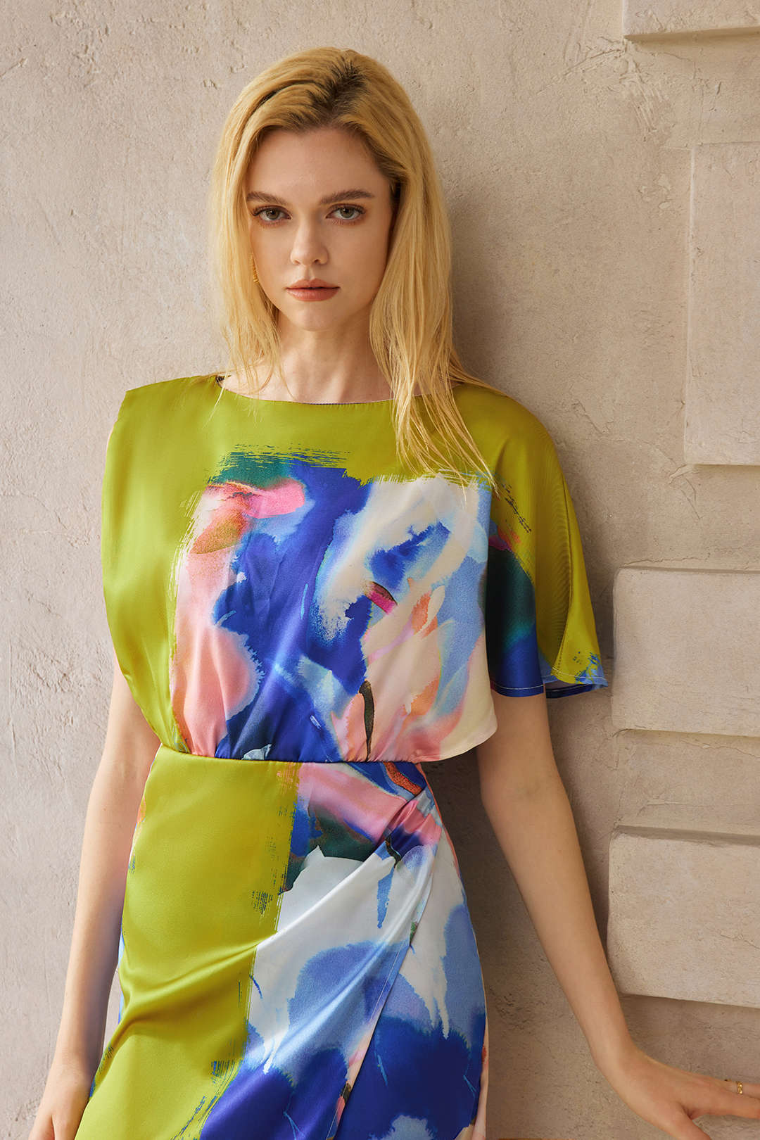"Abstract Print Satin Asymmetrical Short-Sleeve Maxi Dress"