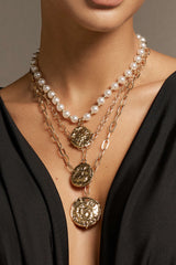 "Alloy Multi-Layer Pearl Coin Pendant Necklace"