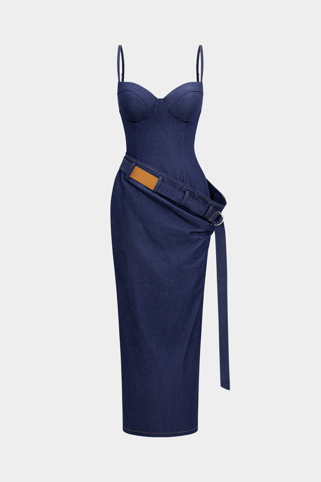 "Denim Asymmetrical Ruched Bustier Belted Zipper Maxi Dress"