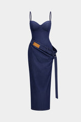 "Denim Asymmetrical Ruched Bustier Belted Zipper Maxi Dress"