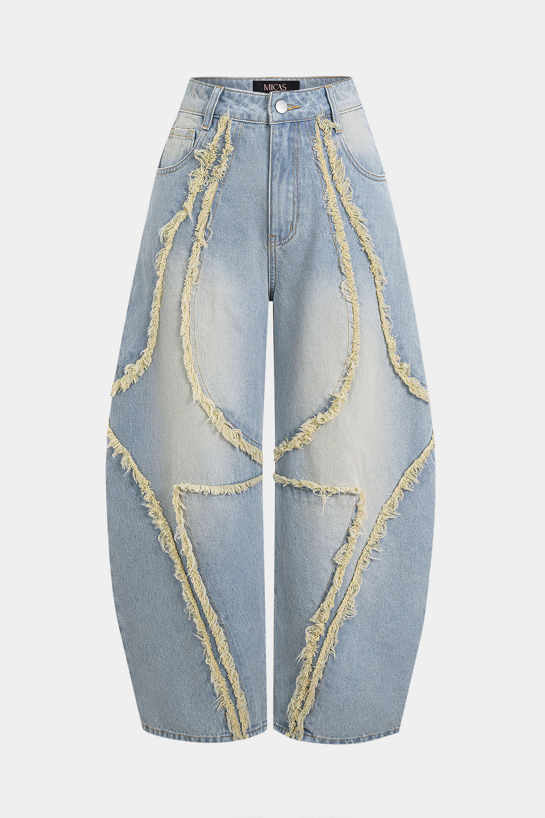 "Denim Frayed Pocket Barrel Jeans"
