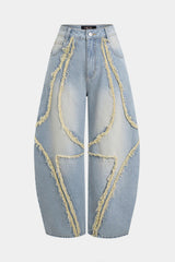 "Denim Frayed Pocket Barrel Jeans"