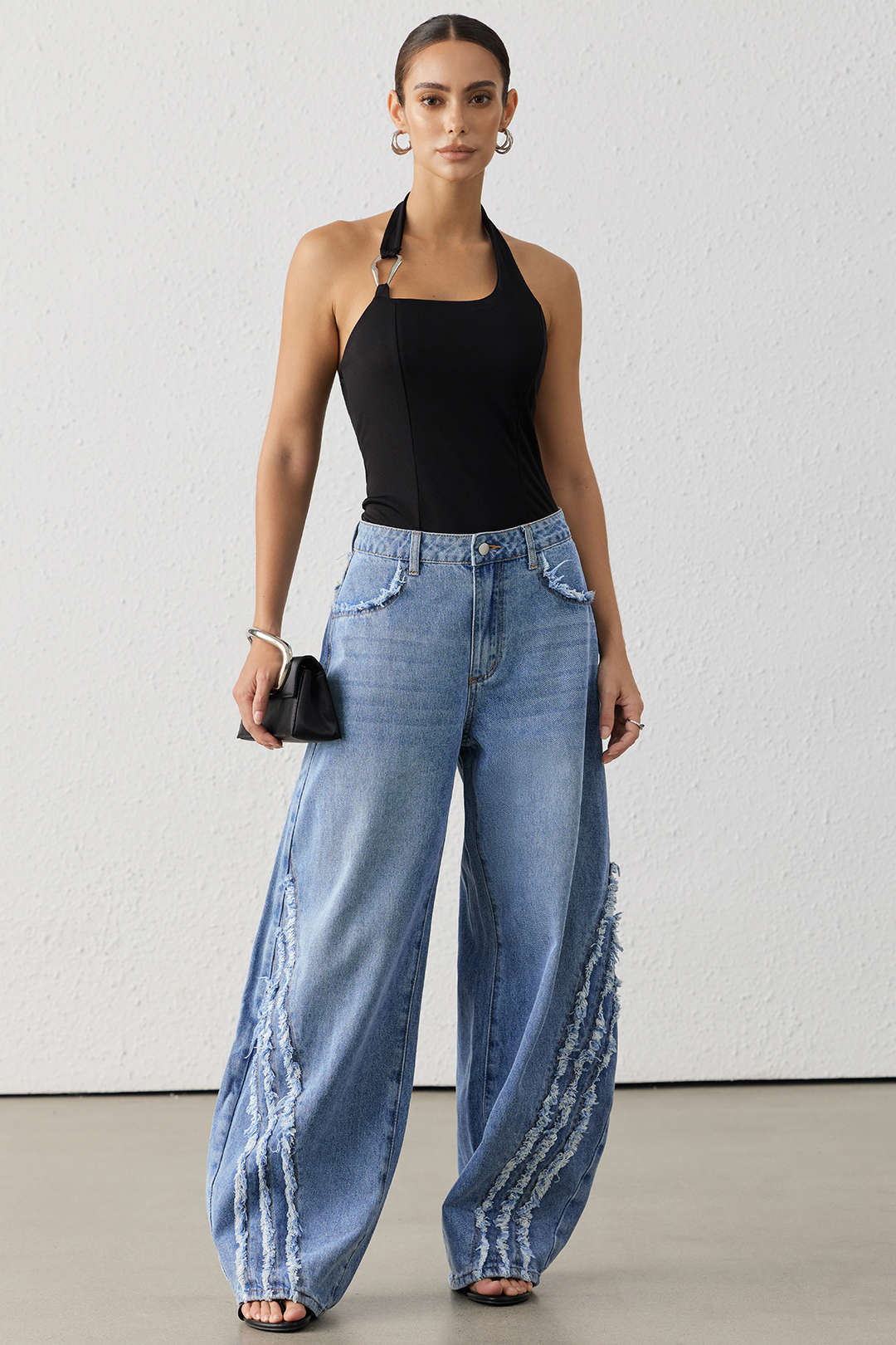 "Denim Frayed Wide Leg Jeans"