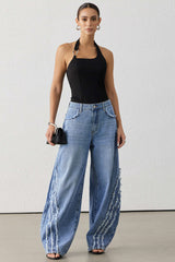 "Denim Frayed Wide Leg Jeans"
