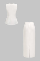 "Button Round Neck Tank Top And Solid Skirt Set"