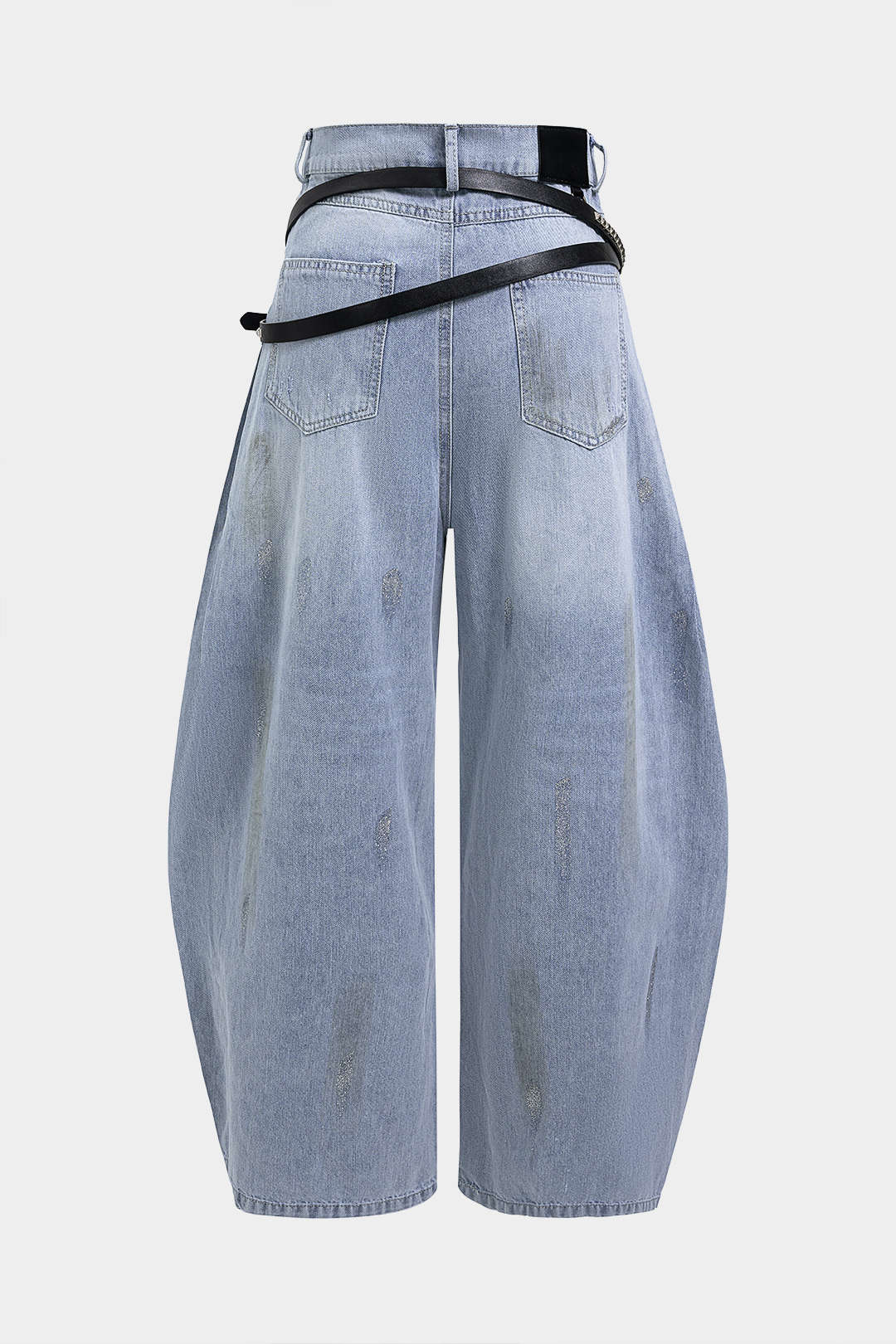 "Denim Belted Frayed High Waist Zipper Wide Leg Jeans"
