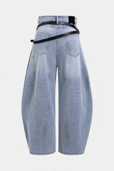 "Denim Belted Frayed High Waist Zipper Wide Leg Jeans"