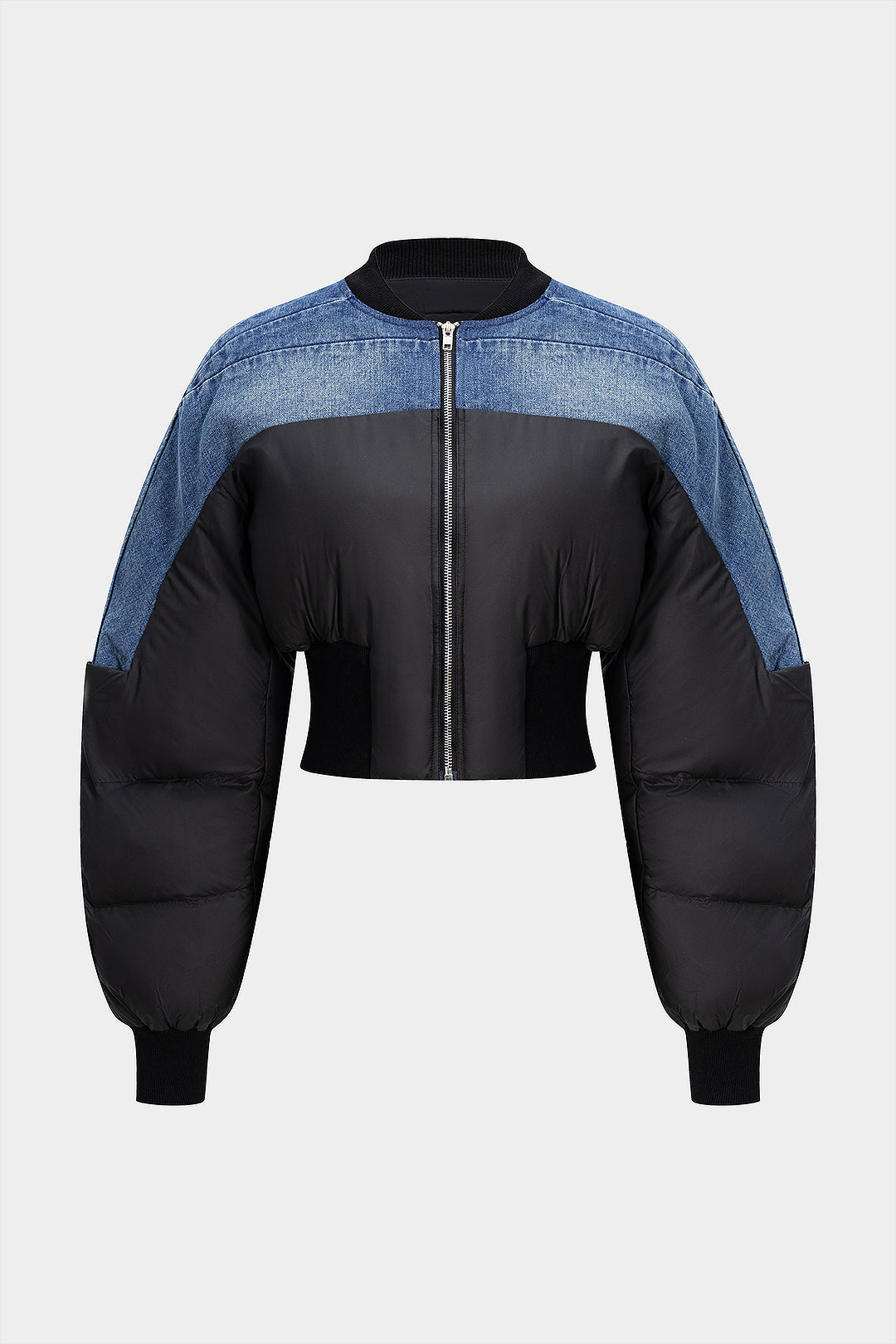 "Demin Patchwork Zipper Puffer"