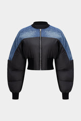 "Demin Patchwork Zipper Puffer"