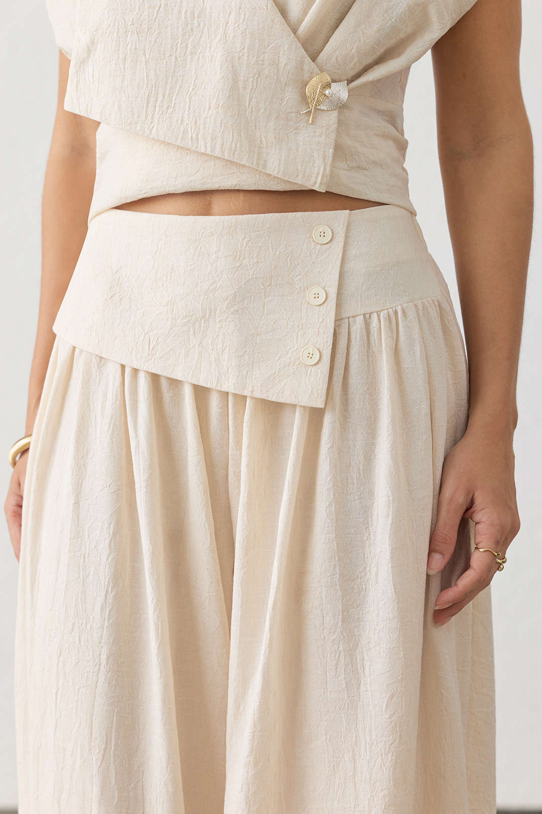 "Asymmetrical Button Ruched Wide Leg Pants"