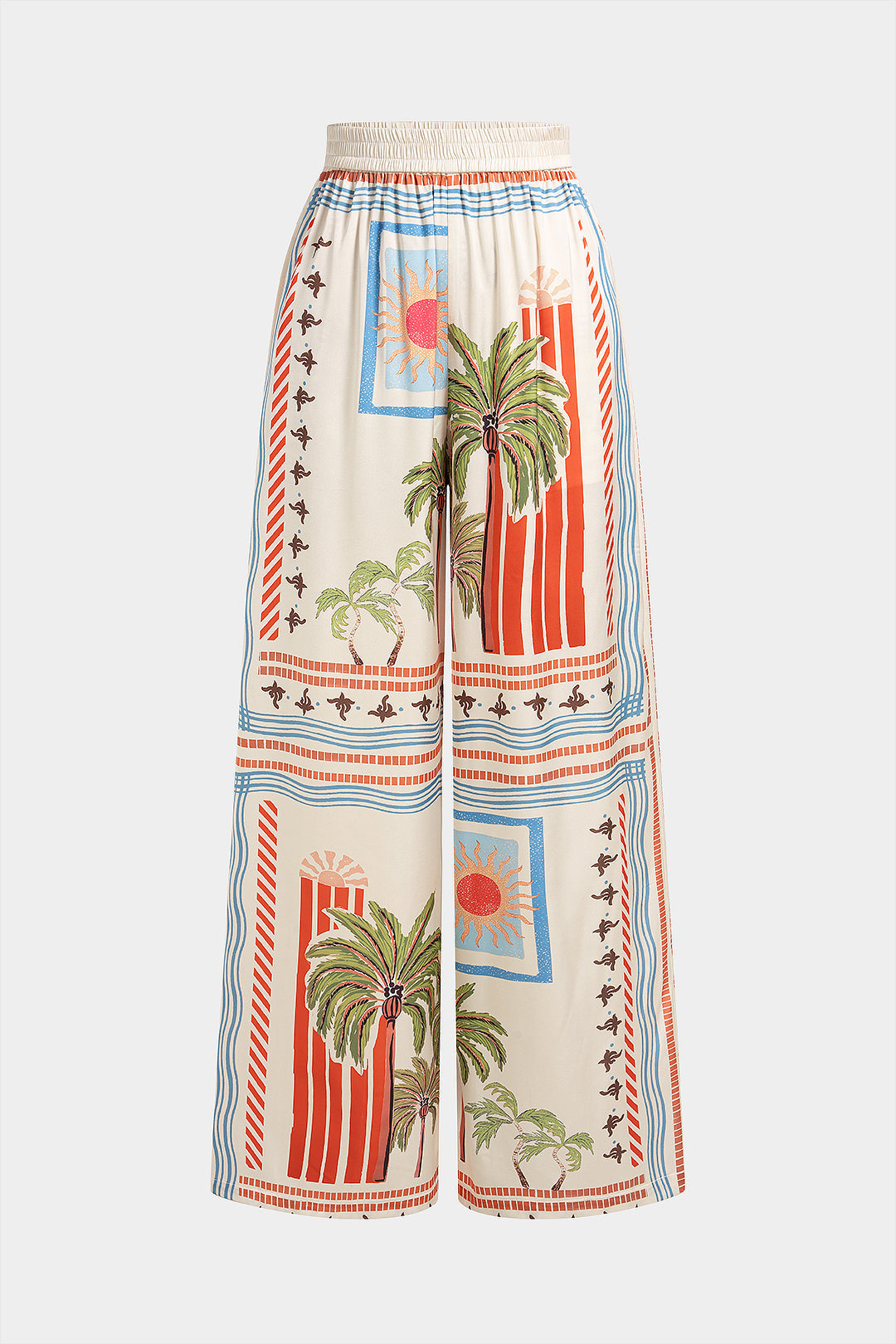 "Coconut Palm Stripes Print Satin Wide Leg Pants"