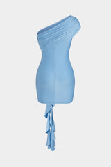"3D Flower Decor Ruffle Ruched One Shoulder Asymmetrical Mini Dress"
