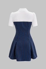 "Contrast Stripes Print Button Lapel Patchwork Short Sleeve Mini Dress"