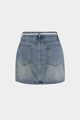 "Denim Braided Belted High Waist A-Line Skirt"