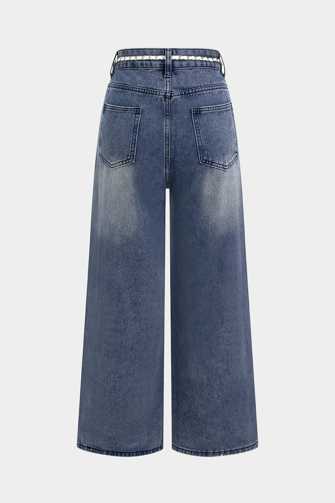 "Denim Mesh Patchwork Belted Asymmetrical Rhinestone Decor Jeans"