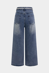 "Denim Mesh Patchwork Belted Asymmetrical Rhinestone Decor Jeans"