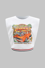"Car Print Round Neck Sleeveless T-Shirt"
