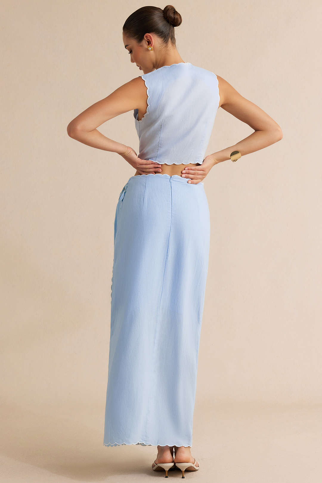 "Contrast Whipstitching Linen Tie Front Wrap Skirt"