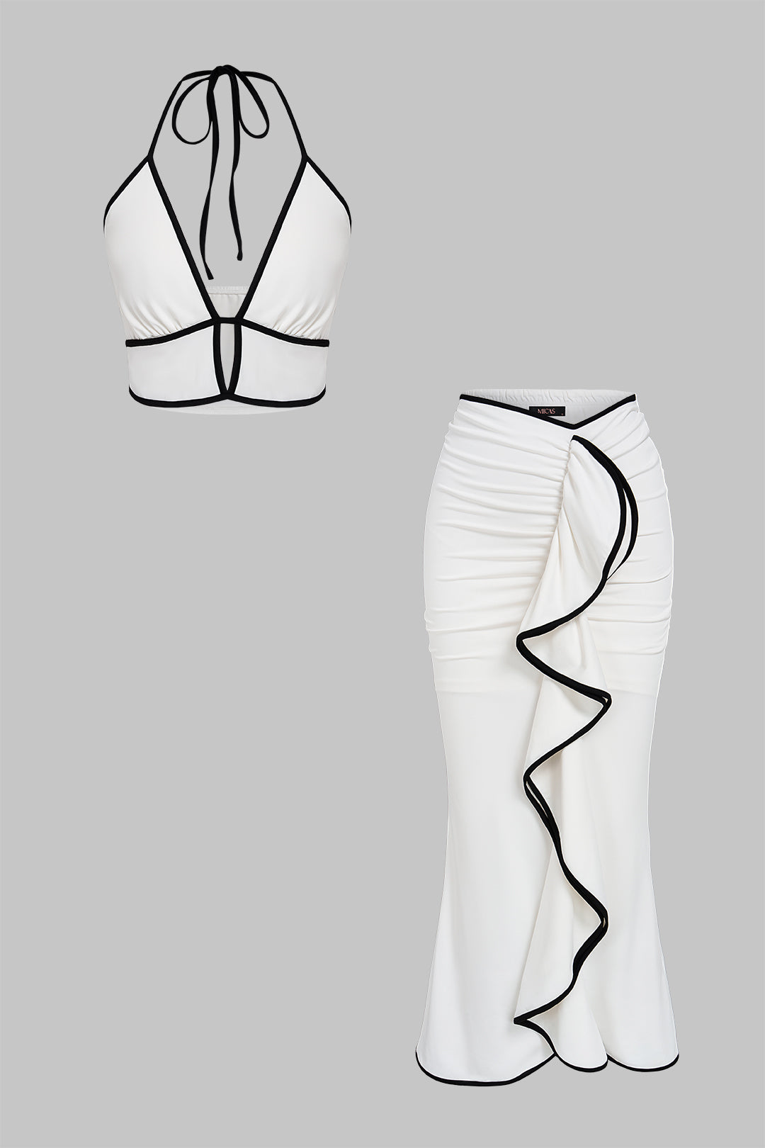 "Contrast Trim Cut-Out Halter Neck Tie-Up Top And Asymmetrical Ruched Skirt Set"