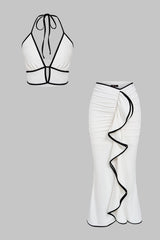 "Contrast Trim Cut-Out Halter Neck Tie-Up Top And Asymmetrical Ruched Skirt Set"