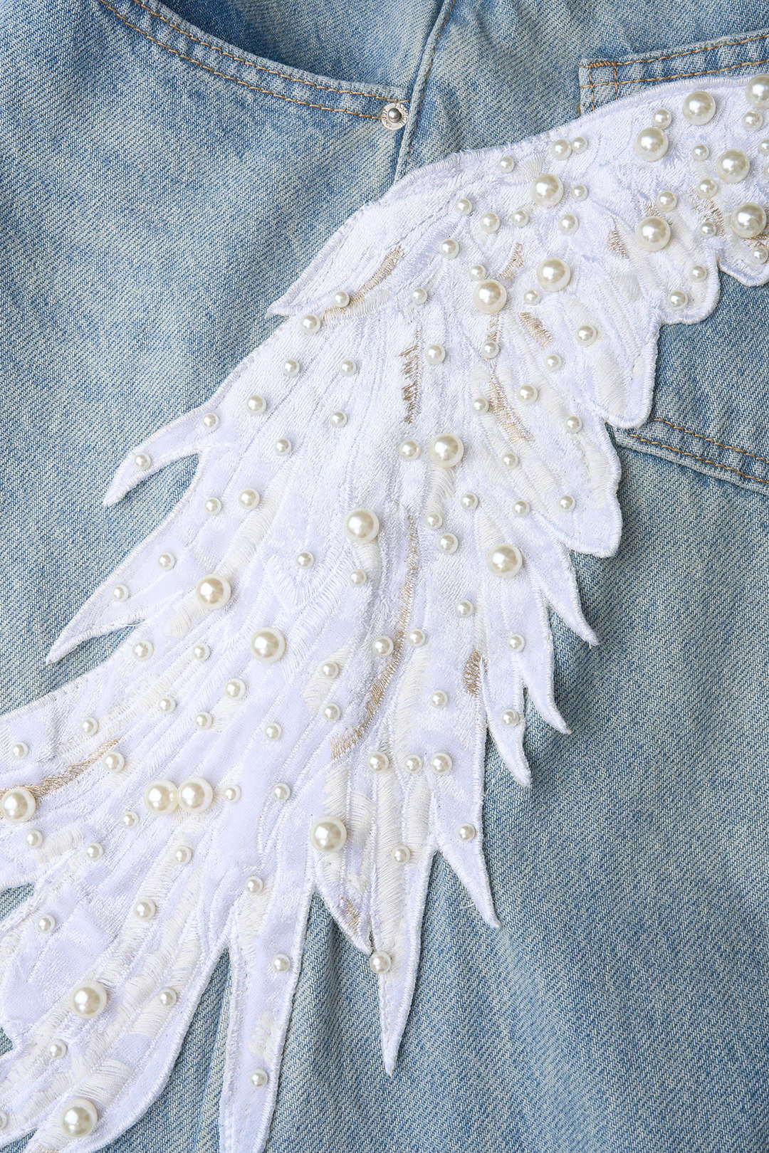 "Denim Feather Pearls Decor Wide Leg Jeans"