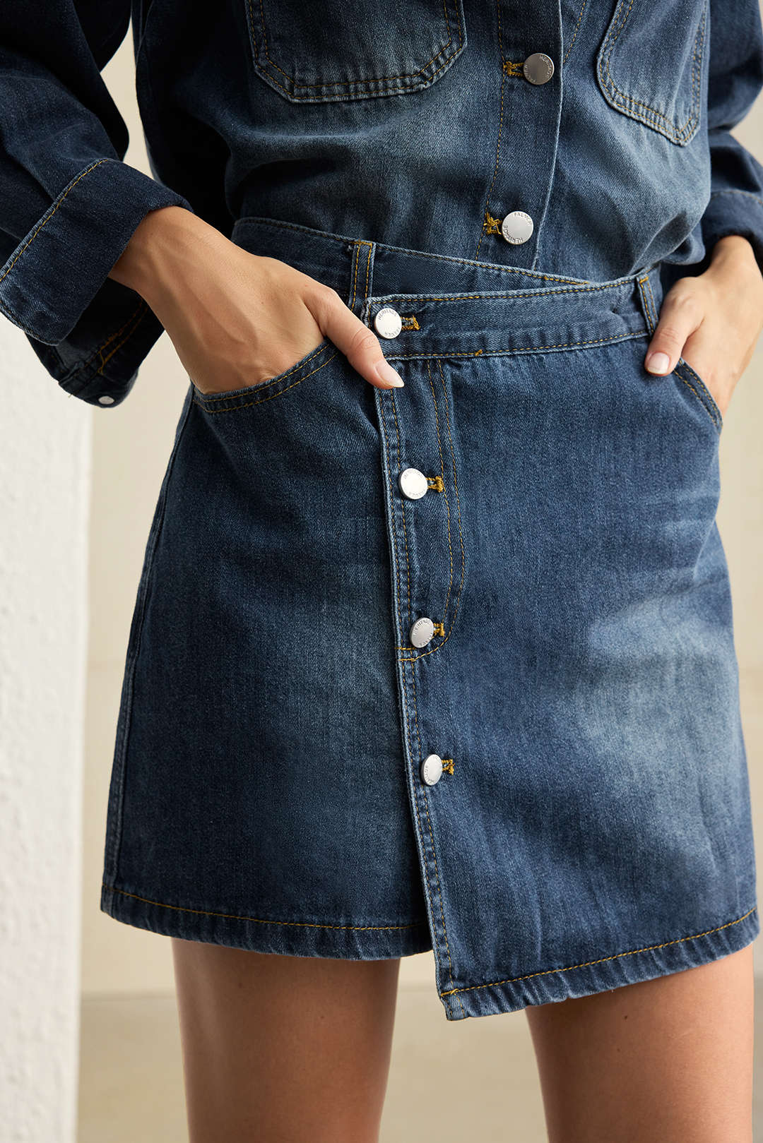 "Denim Button Long-Sleeve Top And High Waist Mini Skirt Set"