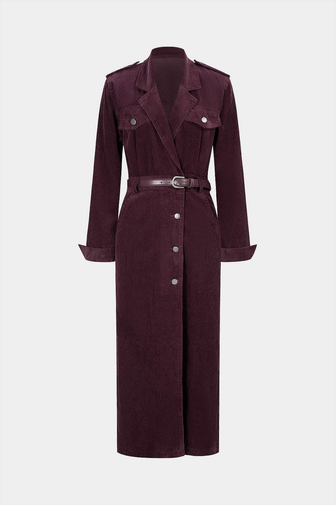 "Corduroy Notched Lapel Button Pocket Belted Long Sleeve Midi Dress"
