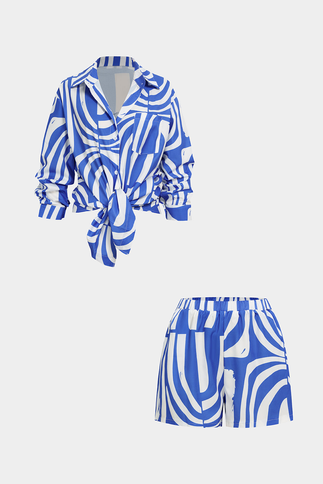 "Abstract Print Lapel Long Sleeve Shirt And Shorts Set"