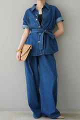"Denim Button Tie Shirt And Jeans Set"