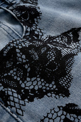 "Denim Lace Print Pocket Straight Leg Jeans"