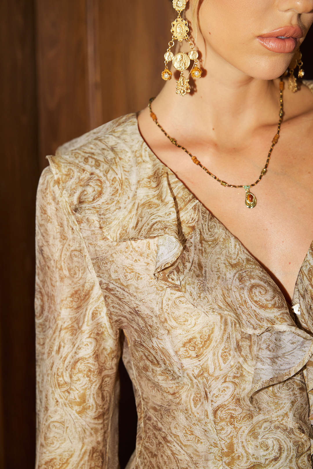 "Abstract Print Ruffle Neck Long-Sleeve Shirt"
