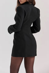"Button V-Neck Pocket Long Sleeve Mini Dress"