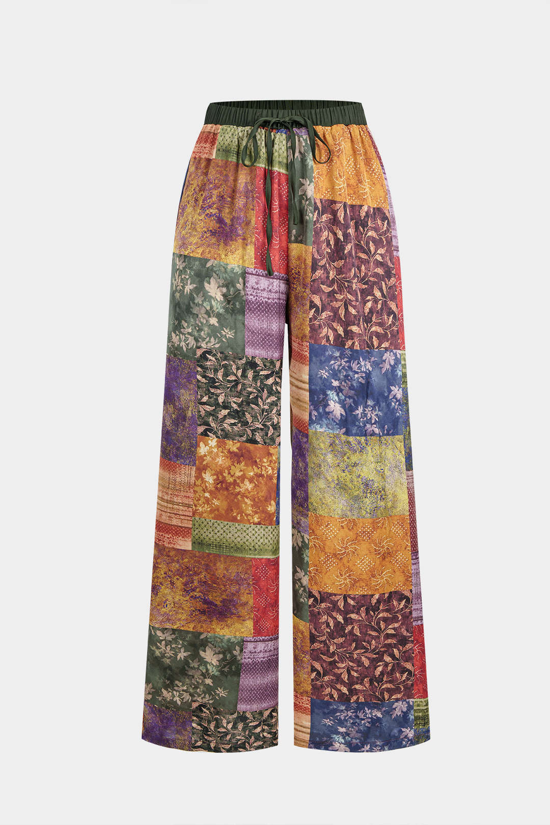 "Abstract Print Satin Shirred Waistband Wide Leg Pants"