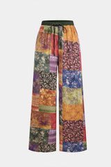 "Abstract Print Satin Shirred Waistband Wide Leg Pants"