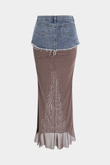 "Denim Mesh Patchwork Frayed Ruched Ruffle Slit Skirt"