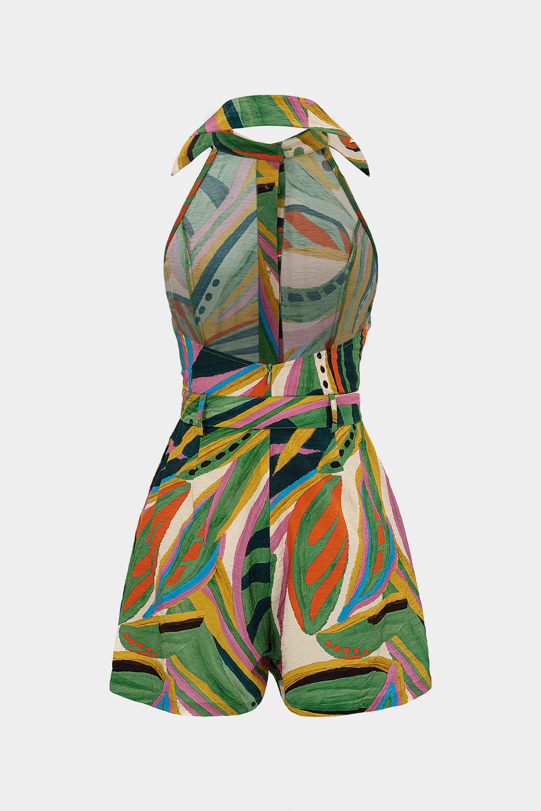 "Abstract Contrast Print Button Halter Neck Ruched Belted Sleeveless Romper"