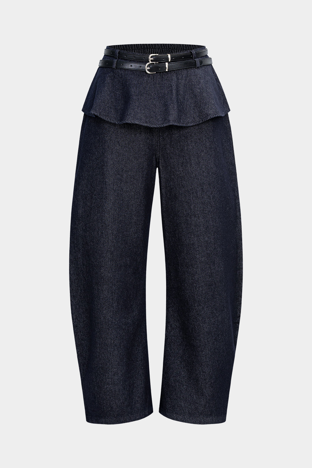 "Denim Belted Shirred Jeans"