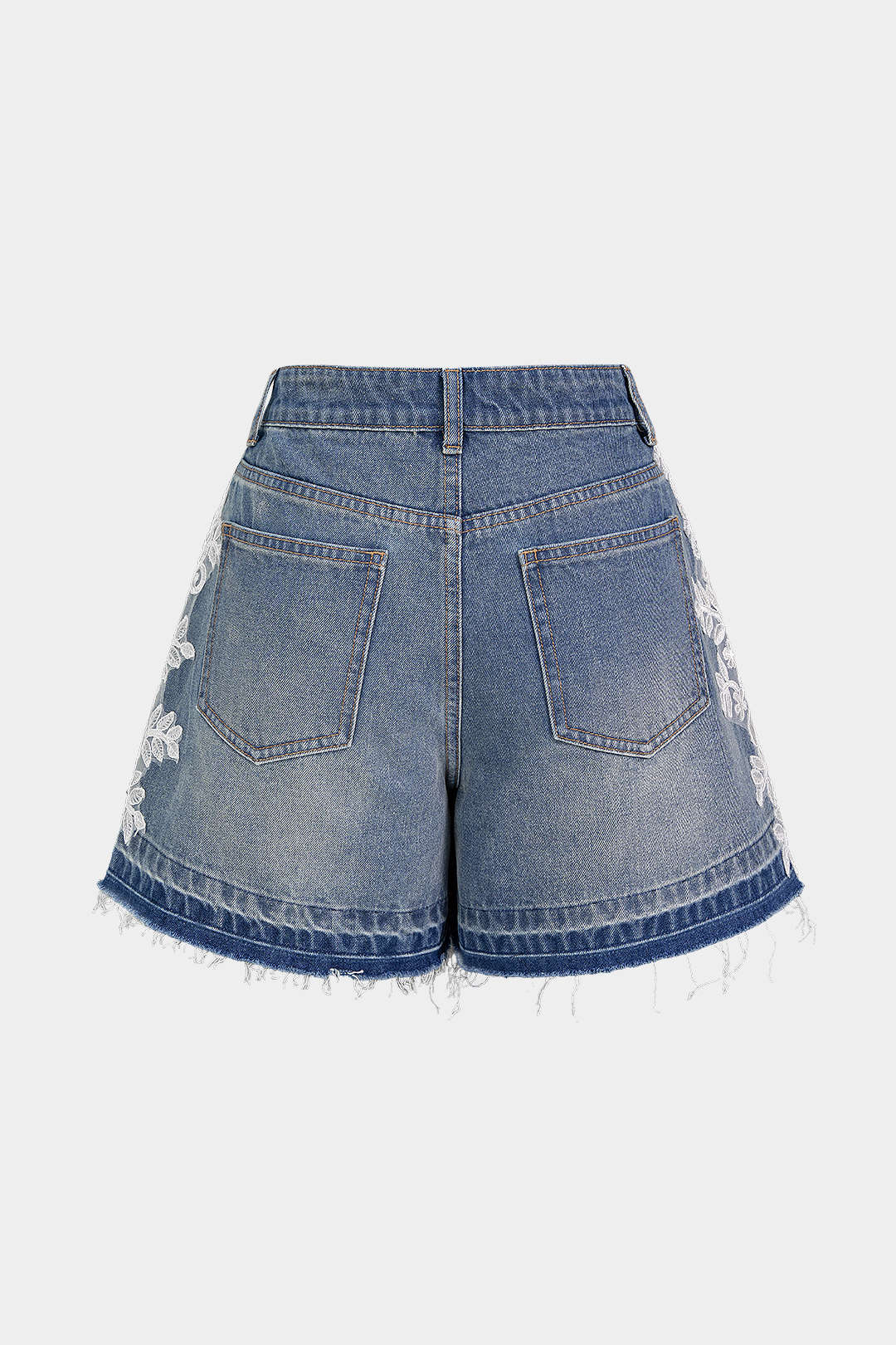 "Denim Lace Trim Embroidery Shorts"