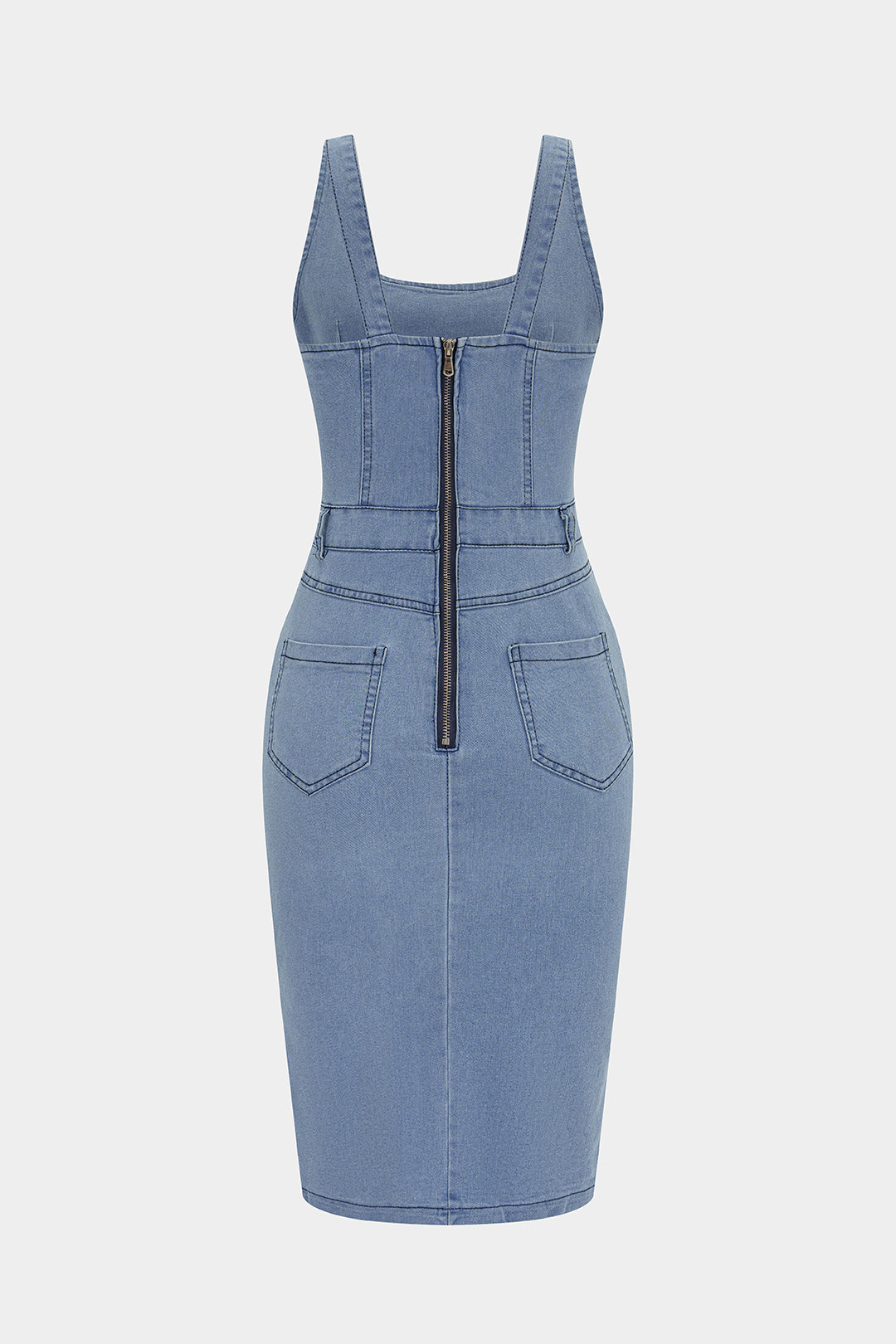 "Denim Asymmetrical Slit Backless Slip Sleeveless Midi Dress"