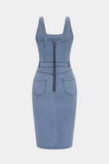 "Denim Asymmetrical Slit Backless Slip Sleeveless Midi Dress"