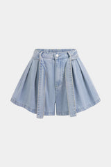 "Denim Belted High Waist Pleated Wide Leg Shorts"