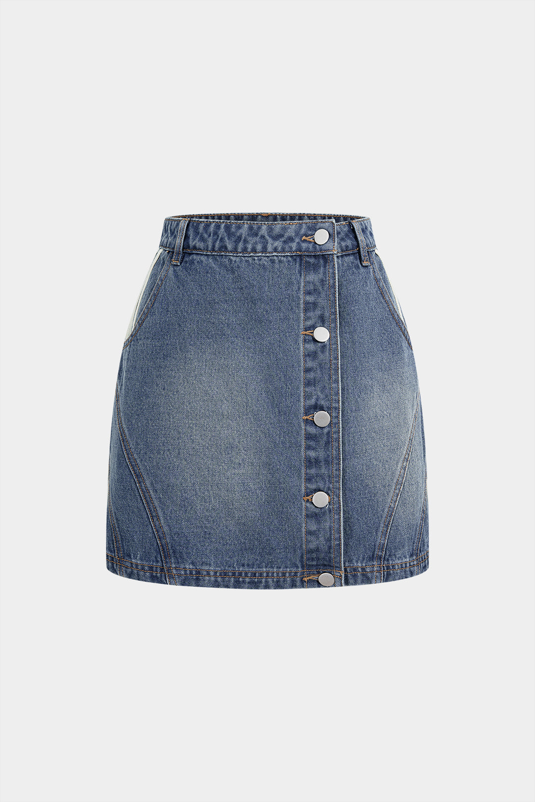 "Denim Asymmetrical Seamdetail Button Skirt"