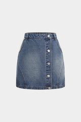 "Denim Asymmetrical Seamdetail Button Skirt"
