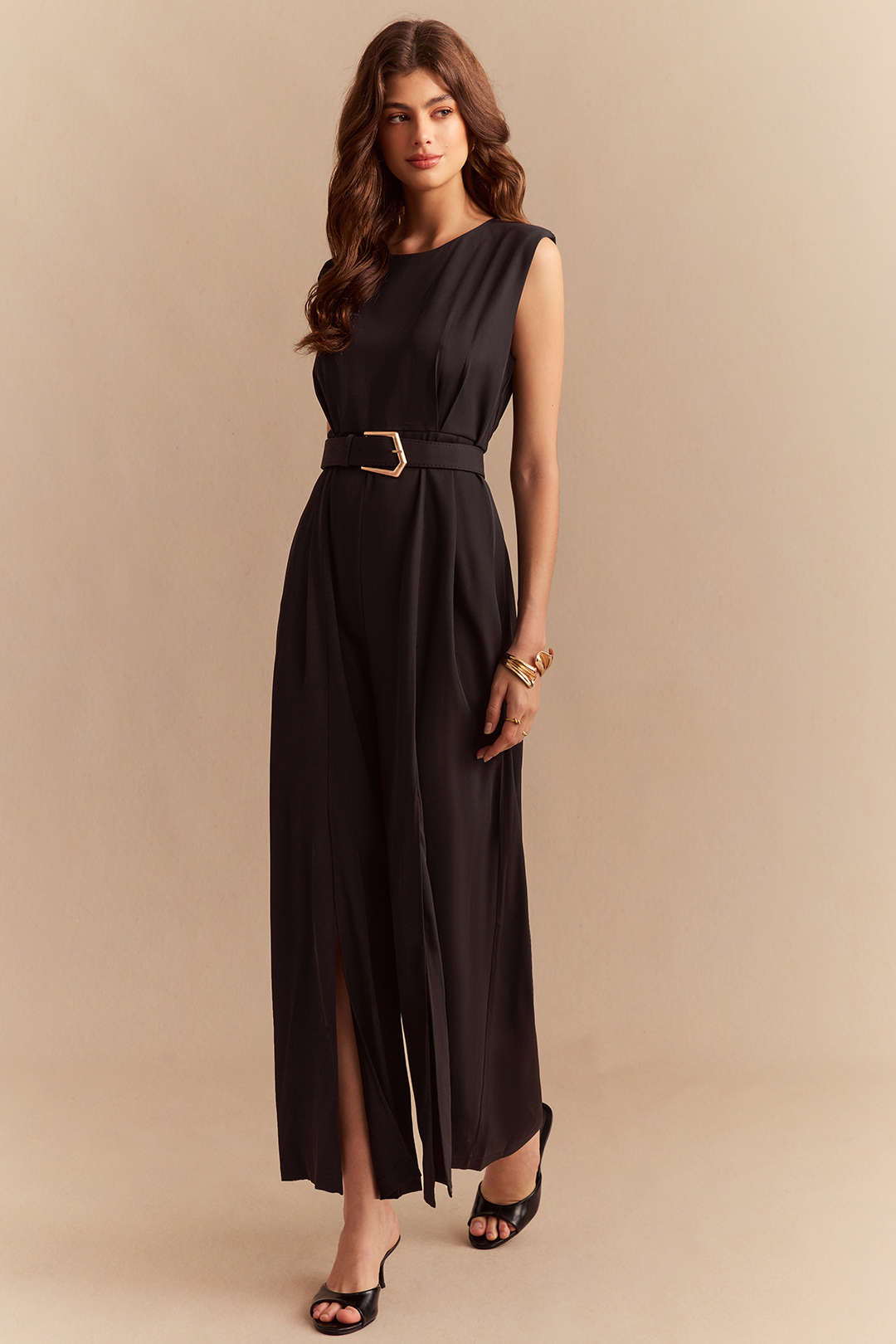 "Chiffon Round Neck Belted Sleeveless Wide Leg Jumpsuit"